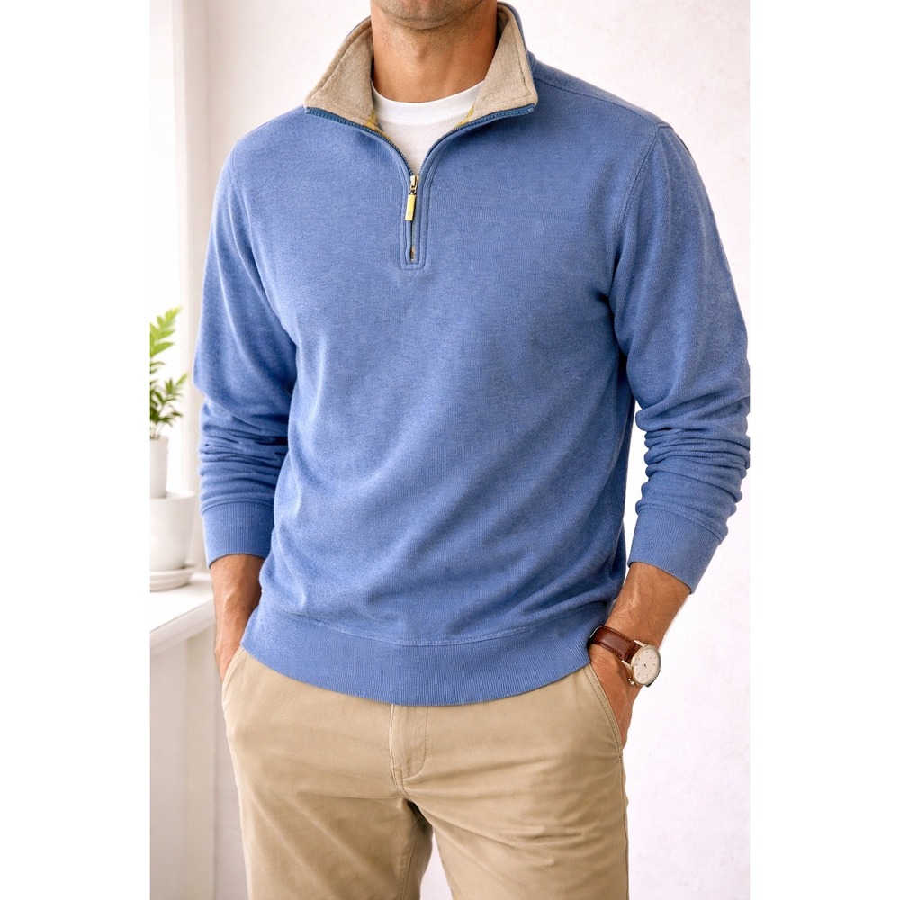 Orvis Mens Blue 100% Cotton Ribbed Quarter Zip Pullover Sweater Size M